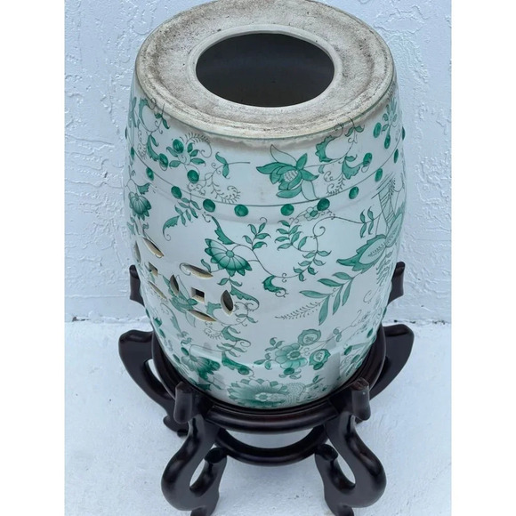Vintage Antique Chinese Green White Porcelain Floral Garden Stool Plant Stand - Picture 11 of 15